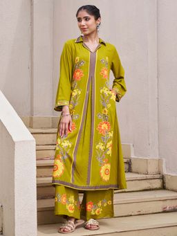 Indo Era - Green Printed A-Line Kurta and Palazzo