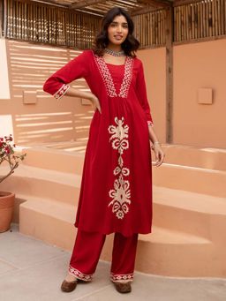 Indo Era - Red Printed A-Line Kurta and Pant