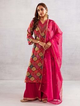 Indo Era - Pink Printed Straight Kurta and Palazzo with Dupatta