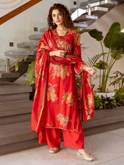 Indo Era - Red Floral Printed Straight Kurta and Palazzo with Dupatta