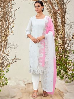 Indo Era - White Straight Floral Embroidered Kurta and Pant with Dupatta