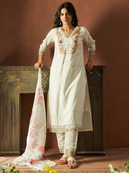 Indo Era - White Floral Embroidered Straight Kurta and Pant with Dupatta