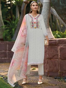 Indo Era - Cream Floral Embroidered Straight Kurta and Pant with Dupatta