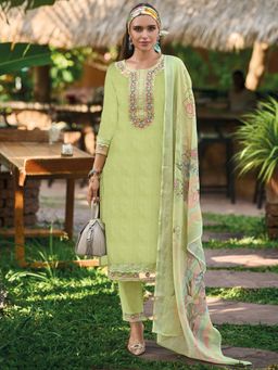 Indo Era - Green Floral Embroidered Straight Kurta and Pant with Dupatta
