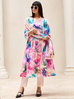 Indo Era - Pink Embroidered A-Line Kurta and Pant with Dupatta
