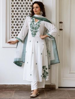 Indo Era - Cream Floral Embroidered A-Line Kurta and Pant with Dupatta