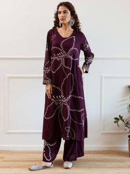 Indo Era - Burgundy Floral Embroidered Straight Kurta and Pant