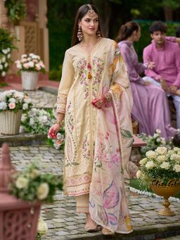 Indo Era - Cream Floral Embroidered Straight Kurta and Pant with Dupatta