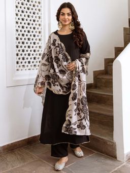 Indo Era - Black Floral Straight Kurta and Pant with Dupatta