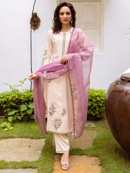 Indo Era - Cream Floral Embroidered Straight Kurta and Pant with Dupatta