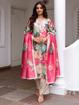 Indo Era - Pink Floral Printed Straight Kurta and Pant with Dupatta