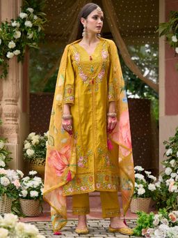 Indo Era - Yellow Floral Embroidered Straight Kurta and Pant with Dupatta