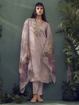 Indo Era - Mauve Floral Embroidered Straight Kurta and Pant with Dupatta