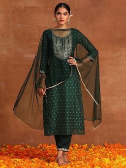 Indo Era - Green Floral Embroidered Straight Kurta and Pant with Dupatta