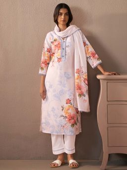 Indo Era - White Printed Straight Kurta and Pant with Dupatta