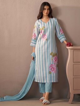 Indo Era - Blue Floral Printed Straight Kurta and Pant with Dupatta