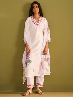 Indo Era - White Floral Embroidered Straight Kurta and Pant with Dupatta