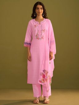 Indo Era - Pink Floral Embroidered Straight Kurta and Pant with Dupatta