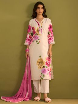 Indo Era - Cream Printed Straight Kurta and Pant with Dupatta