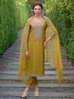 Indo Era - Mustard Floral Embroidered Straight Kurta and Pant with Dupatta