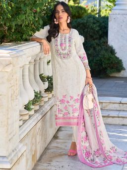 Indo Era - White Floral Embroidered Straight Kurta and Pant with Dupatta