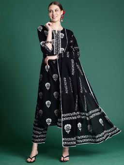 Indo Era - Black Floral Printed Straight Kurta and Pant with Dupatta