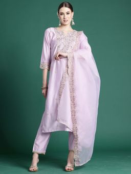 Indo Era - Lavender Embroidered Straight Kurta and Pant with Dupatta