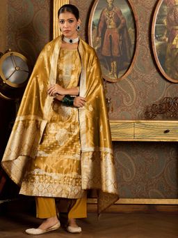 Indo Era - Mustard Floral Woven Design Straight Kurta and Pant with Dupatta