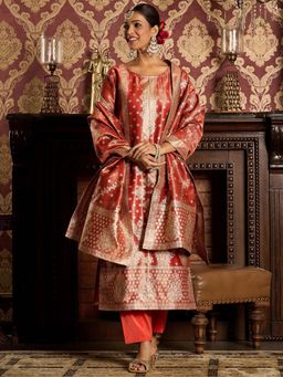 Indo Era - Red Floral Woven Design Straight Kurta and Pant with Dupatta