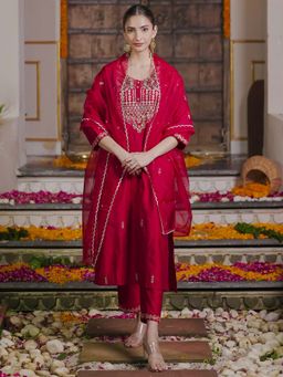 Indo Era - Pink Floral Embroidered Straight Kurta and Pant with Dupatta
