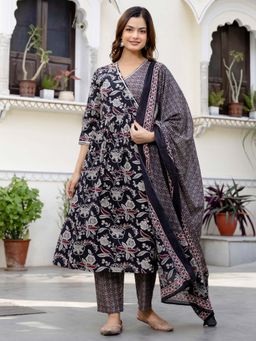 Indo Era - Black Floral Printed A-Line Kurta and Pant with Dupatta