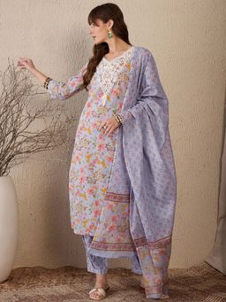 Indo Era - Blue Floral Printed Straight Kurta and Salwar with Dupatta