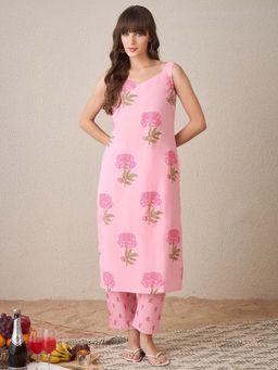 Indo Era - Pink Printed Straight Kurta and Pant
