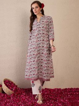 Indo Era - White Floral Printed Straight Kurta and Pant