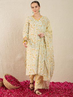 Indo Era - Cream Floral Printed Straight Kurta and Pant with Dupatta