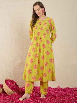 Indo Era - Green Floral Printed A-Line Kurta and Pant