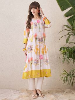 Indo Era - White Printed A-Line Kurta and Pant