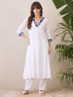 Indo Era - White Floral Embroidered A-Line Kurta and Pant