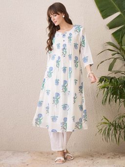 Indo Era - White Floral Printed A-Line Kurta and Pant