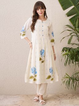 Indo Era - Off White Printed A-Line Kurta and Pant