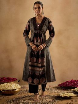 Indo Era - Brown Printed A-Line Kurta and Pant
