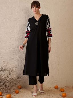 Indo Era - Black Embroidered A-Line Kurta and Pant