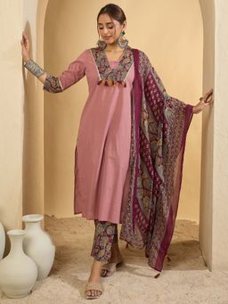 Indo Era - Mauve Floral Printed Straight Kurta and Pant with Dupatta