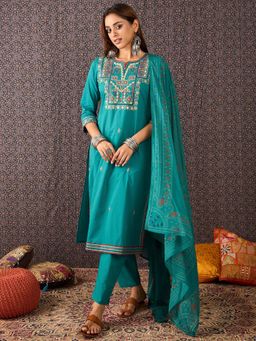 Indo Era - Teal Embroidered Straight Kurta and Pant with Dupatta