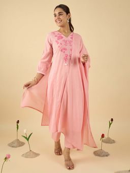 Indo Era - Pink Embroidered Straight Kurta and Pant with Dupatta