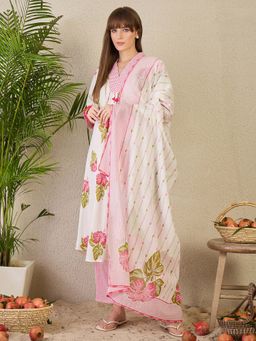 Indo Era - White Floral Printed A-Line Kurta and Pant with Dupatta