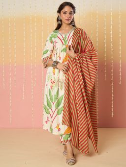 Indo Era - White Printed A-Line Kurta and Pant with Dupatta