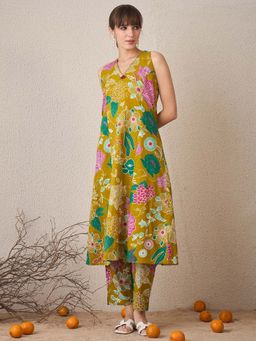 Indo Era - Yellow Floral Printed A-Line Kurta and Pant