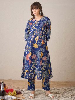 Indo Era - Floral Blue Printed A-Line Kurta and Pant