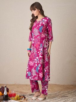 Indo Era - Pink Floral Printed A-Line Kurta and Pant